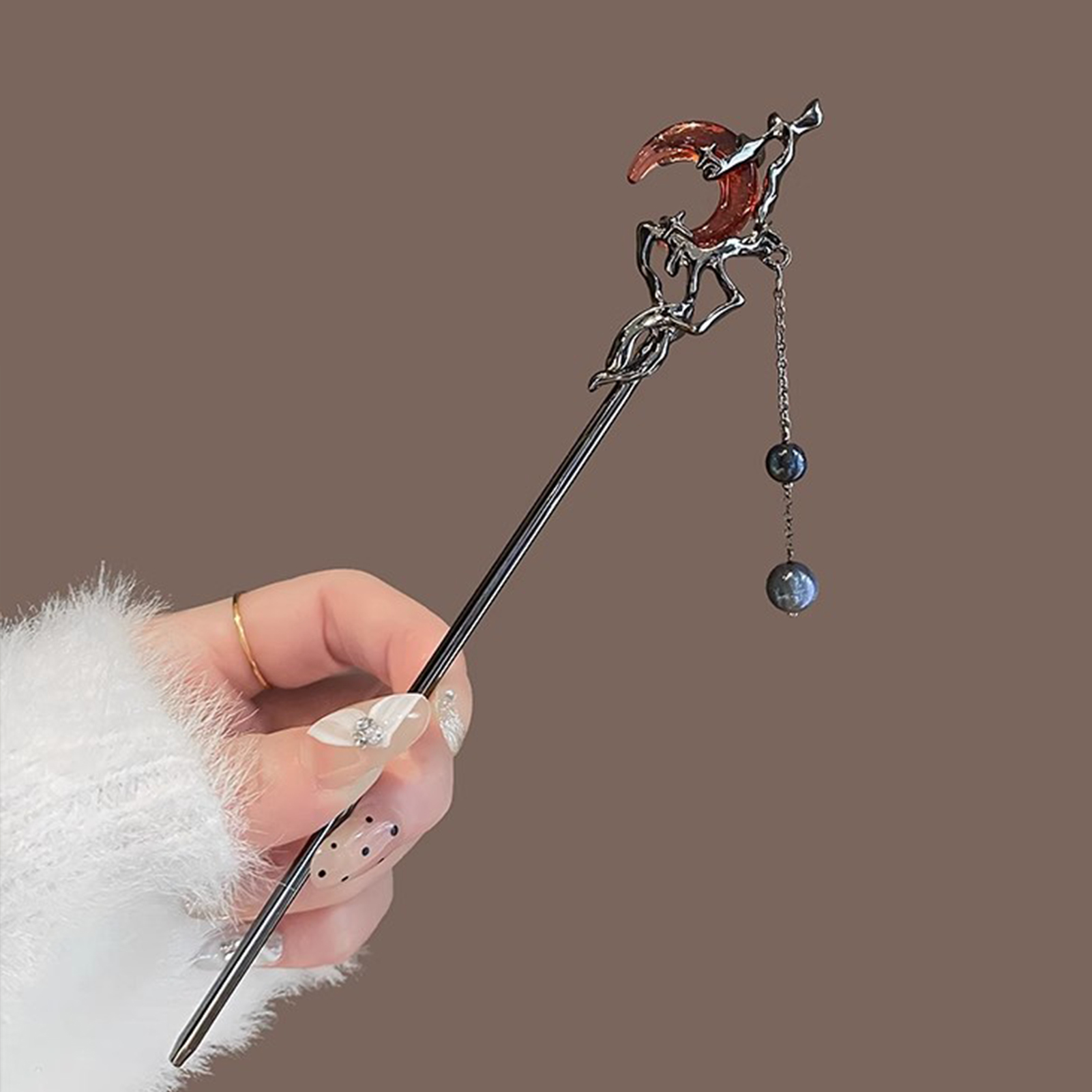 Hanbok Hair Pin - Female Red Moon Shaped Hair Stick