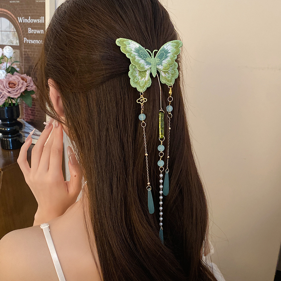 Green Embroidered Butterfly Ha - Hanbok Hair Pin 评论和价格